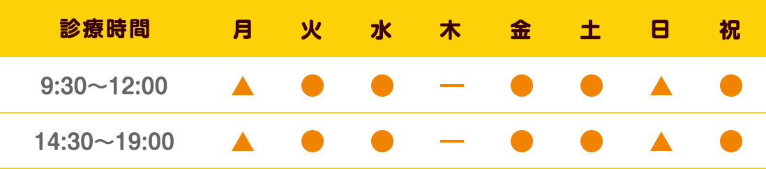 診療時間：月～日曜日9時30分～12時/14時～19時、月曜･木曜お休み