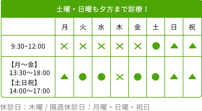 休診日：木曜 / 隔週休診日：月曜・日曜・祝日!